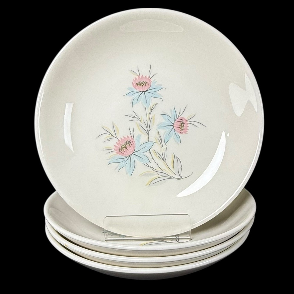 Steubenville Pottery Fairlane Coupe Soup Bowls 8" Blue Pink Floral Set Of 4 READ